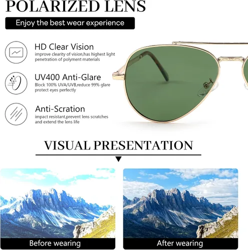 Vista 3 de FEISEDY Gafas de sol polarizadas clásicas de aviador para mujeres y hombres, retro de moda, doble puente de metal, montura de piloto, B9113