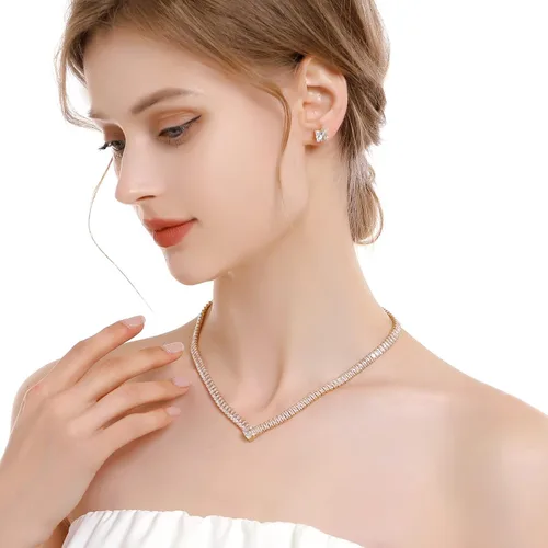 Vista 2 de huiphong Juego de joyas de novia para mujer, collar de boda, joyería hipoalergénica para fiesta, circonita cúbica AAA blanca brillante, adecuado