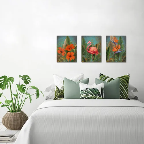 Vista 4 de SkenoArt 3 piezas de lienzo tropical flamenco arte de pared verde planta tropical naranja pintura floral impresiones decoración de pared enmarcado