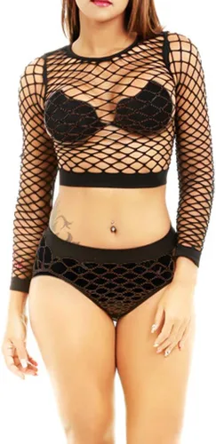 Vista 5 de Conjunto de lencería de malla para mujer, babydoll de malla, talla grande, camisa transparente de manga larga