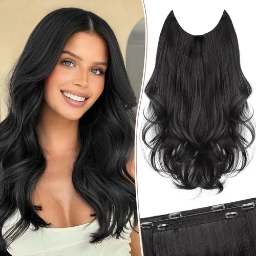 Vista 23 de KooKaStyle Extensiones de Cabello con Alambre Invisible, Largas, Lacias, en Capas, Sintéticas con Alambre Transparente, Tamaño Ajustable, 6 Clips