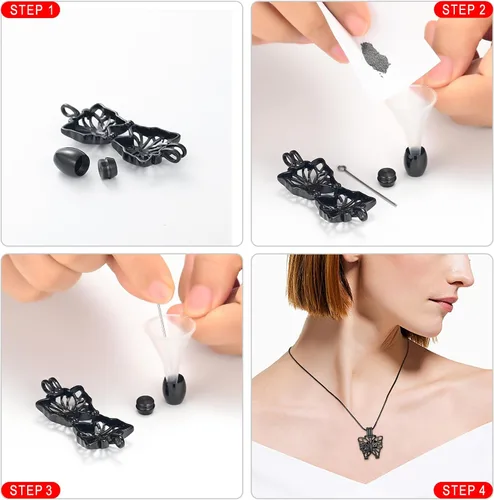 Vista 6 de Collar de urna de mariposa para cenizas, colgante de mariposa, collar de recuerdo de cremación para mujer Negro