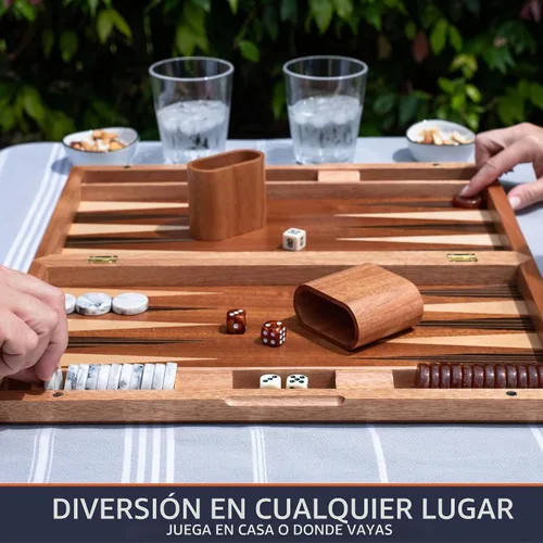 Vista 6 de Pointworks Juegos de backgammon de 17 pulgadas para adultos. Hermoso juego de mesa de backgammon con incrustaciones de madera con damas y dados