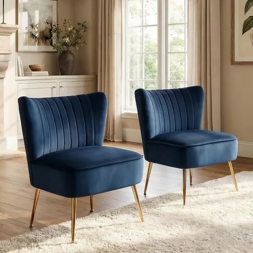 Vista 13 de DUOMAY Juego de 2 sillas decorativas modernas de terciopelo con patas doradas, silla lateral con respaldo alado para sala de estar, dormitorio Negro