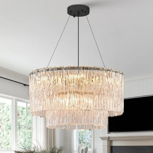 Vista 20 de CATINER Candelabro de cristal de 20 pulgadas, moderno, 6 luces, lámparas de tambor dorado, iluminación colgante de techo de lujo para entrada