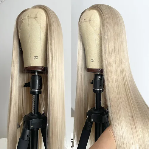 Vista 4 de Peluca con encaje frontal rubia ceniza, de 22 pulgadas de largo cabello sintético lacio, línea capilar prerasgueada, fácil de instalar, ligera