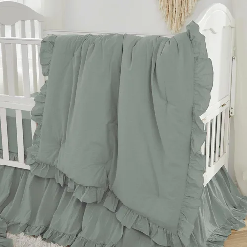Vista 13 de Brandream Conjunto de Ropa de Cama para Cuna Unisex Bebé Niña Niño 3 Piezas Beige Sólido Boho Chic de Granja Volantes Cálido 100% Algodón Lavado