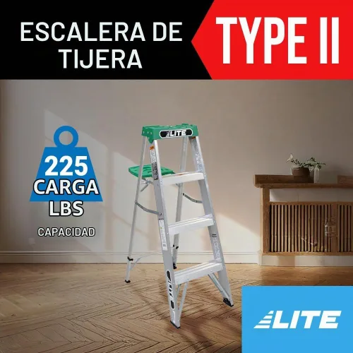 Vista 2 de LITE Escalera de aluminio de 6 pies con bandeja de herramientas, capacidad de carga de 225 libras, tipo II, LP-2211-06