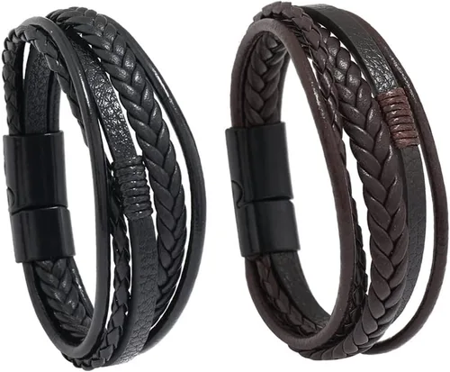 Vista 4 de Pulsera trenzada marrón casual de cuero negro para hombre