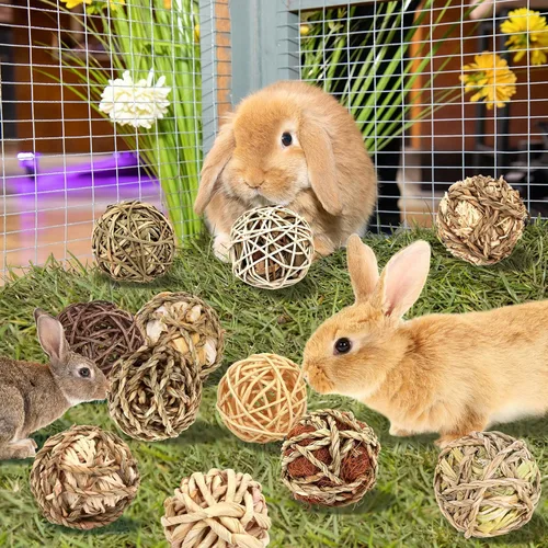 Vista 3 de Bolas de hierba masticables de conejito, juguetes masticables rodantes para animales pequeños, mejora la salud dental, juguetes masticables