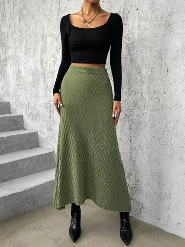 Vista 3 de SweatyRocks Falda larga de punto texturizado de cintura alta para mujer, elegante dobladillo asimétrico