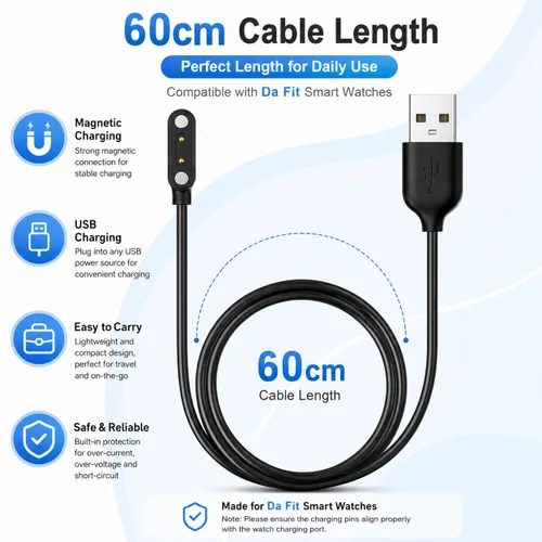 Vista 2 de Compatible con el cable cargador de reloj inteligente Da Fit de 3.3 pies, repuesto de cable de carga USB, cargador para relojes inteligentes Da Fit