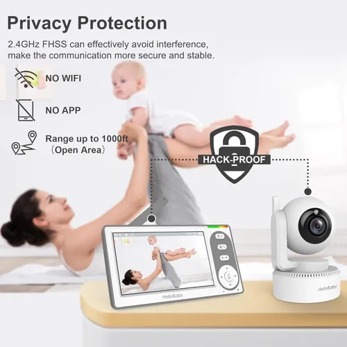 Vista 6 de HelloBaby Monitor de Bebé con Video de 4.3'' con Batería de 30 Horas, Monitor de Bebé con Pan-Tilt-Zoom Remoto Sin WiFi, Monitor de Bebé con Cámara