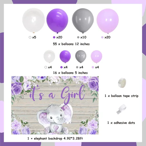 Vista 5 de Decoraciones de baby shower de elefante morado para niña – It's A Girl Elefante telón de fondo lavanda floral pequeño elefante de bienvenida bebé