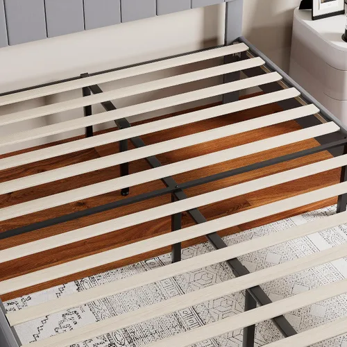 Vista 9 de VECELO Base de cama tapizada de tamaño matrimonial con cabecera ajustable copetuda, base de colchón, soporte de listones de madera, fácil montaje