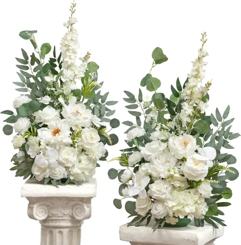 Vista 11 de TINGE TIME Juego de 2 flores artificiales de pie, centro de mesa con almohadilla de goma, flor falsa de seda para centro de mesa de boda, arco