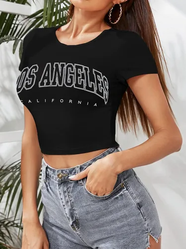 Vista 3 de Hilinker Camiseta corta de manga corta con cuello redondo y estampado de letras para mujer