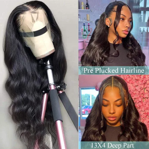 Vista 3 de Pelucas de cabello humano sin pegamento, prearrancadas de 13 x 4, pelucas de encaje frontal para mujeres negras, cabello humano con abuelitos, línea