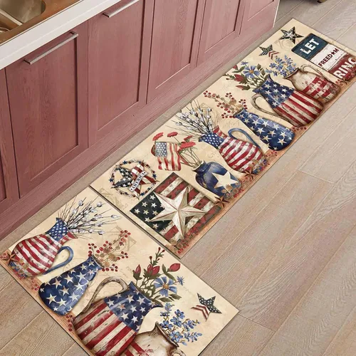 Vista 7 de T&H XHome Alfombras de camino de cocina del Día de la Independencia, 4 de julio, vintage, azul y rojo, con bandera de Estados Unidos, jarrón