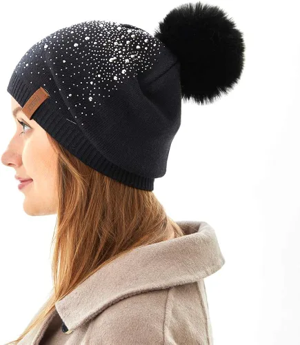 Vista 6 de Gorro de invierno para mujer con pompón de piel sintética cálido suave con diamantes de imitación para mujer