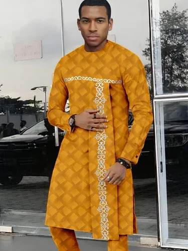Vista 5 de Bazin Riche - Conjunto de ropa tradicional africana para hombre, abrigos largos con estampado de dashiki y pantalones Ankara de 2 piezas