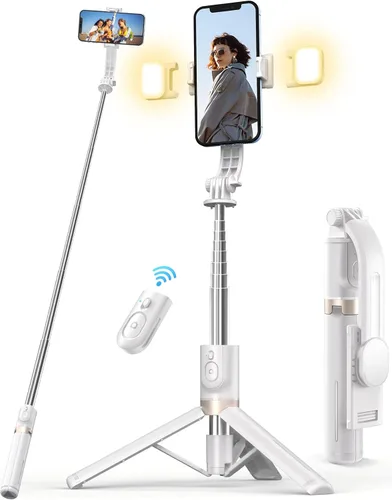 Vista 11 de Palo selfie con trípode y luz, palo selfie de 45'' con control remoto inalámbrico, trípode portátil para teléfono compatible con iPhone 16/15 Pro