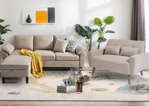 Vista 10 de Juego de 2 sofás para sala de estar, sofás convertibles en forma de L de 3 asientos con otomana y silla decorativa, sofá moderno de lino para Gris
