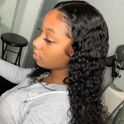 Vista 3 de Peluca de cabello humano rizado con encaje frontal transparente HD de onda profunda, previamente despuntada con abuelitos, nudos blanqueados