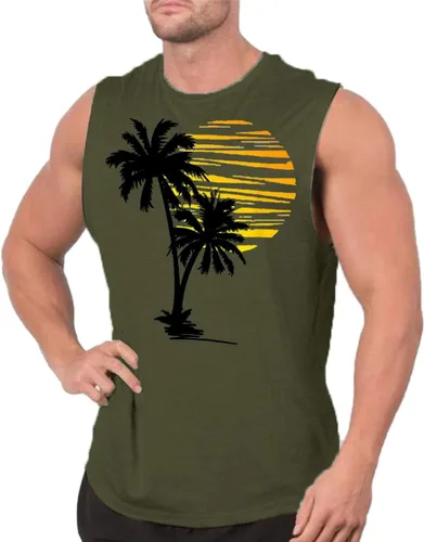 Vista 3 de Camiseta sin mangas de playa para hombre, camisa sin mangas con palmera hawaiana