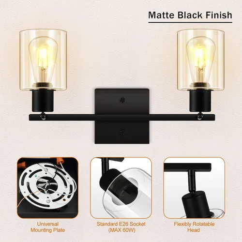 Vista 5 de Accesorios de iluminación de riel de techo para cocina, luces de pared negras de 2 luces, iluminación LED moderna con pantalla de vidrio, cabezal