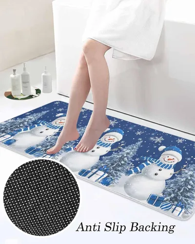 Vista 5 de Prime Leader Juego de 2 tapetes de cocina con diseño de muñeco de nieve de Navidad, copos de nieve, azul marino, antideslizantes, tapetes lavables