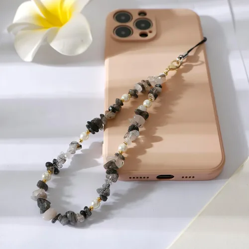 Vista 2 de Correa de muñeca para teléfono, con piedras preciosas naturales, con cuentas para teléfono celular, para mujeres y niñas (negro)