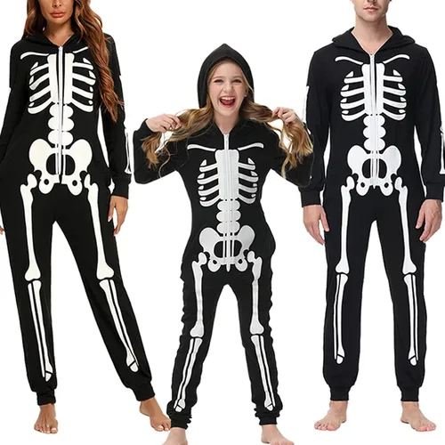 Vista 2 de Conjunto de Halloween familiar a juego de una pieza para cosplay, disfraz acogedor estampado de esqueleto con cremallera y capucha