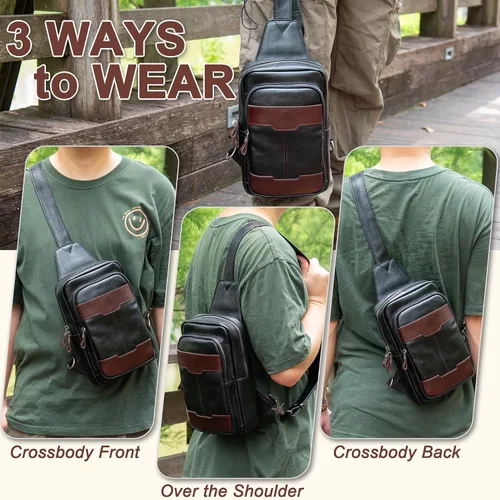 Vista 2 de Bolso bandolera de cuero genuino para hombres y mujeres, bolso cruzado para el hombro, mochila lateral, bolso de pecho, bolso cruzado casual