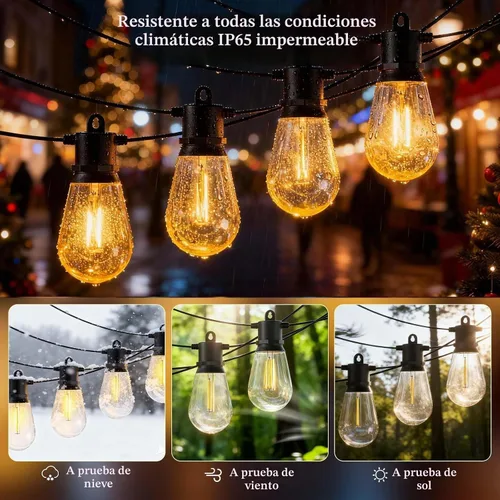 Vista 2 de Luces de Cadena para Exteriores 50 pies IP65 Impermeables Luces de Patio con 15 + 2 Bombillas LED Irrompibles Grado Comercial Luces de Cadena LED