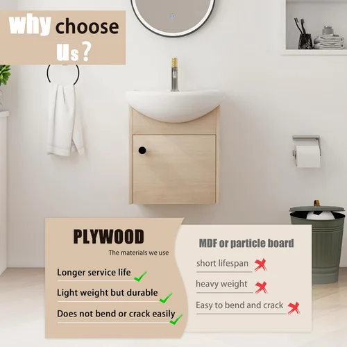 Vista 5 de Vanidad de baño de 18 pulgadas con fregadero, tocador flotante de 18 pulgadas para espacios pequeños, moderno combo de tocador de baño de un solo
