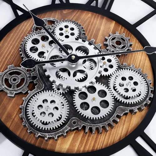 Vista 7 de Lafocuse Reloj de pared de engranaje móvil real de 23 pulgadas, reloj de pared grande de madera Steampunk para decoración de sala de estar