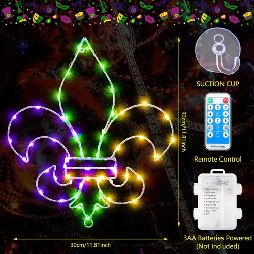 Vista 3 de Rossesay 2 luces de ventana de Mardi Gras, decoración de ventana de Mardi Gras, flor de lis, luz colgante con ventosa, control remoto, funciona