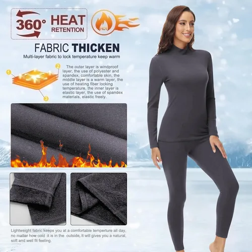 Vista 5 de Conjunto de ropa interior térmica con cuello alto falso para mujer, forro polar ultrasuave y cálido
