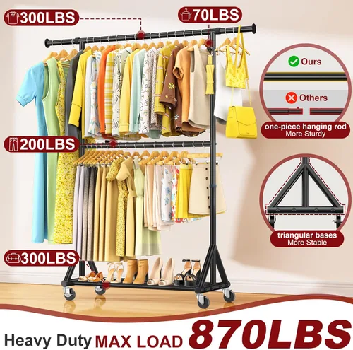 Vista 2 de Perchero resistente con carga de 760 libras, estante de ropa con ruedas de doble nivel, altura ajustable para colgar ropa, estante de metal