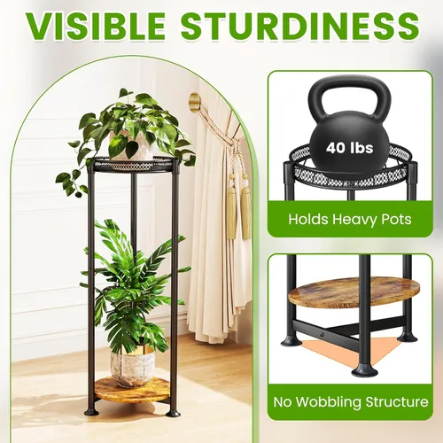 Vista 3 de Soporte negro de 2 niveles para plantas en interiores, 30 pulgadas de alto, estante de esquina de metal resistente para plantas estrechas para piso