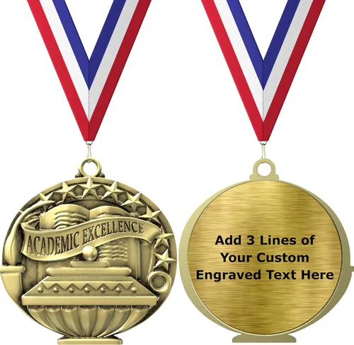 Vista 8 de Express Medals Pack of 10 (or More) Engraved Scholastic Honor Roll Award Medals with RWB Neck Ribbons