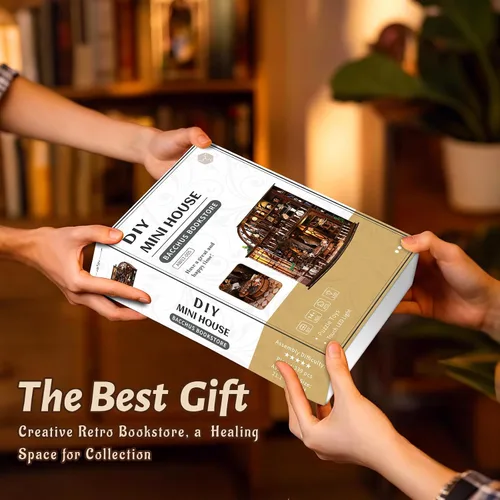 Vista 7 de Kit de casa en miniatura, rompecabezas de madera 3D para adultos, kit de rincón de libro con luz LED táctil, inserto de estantería de biblioteca