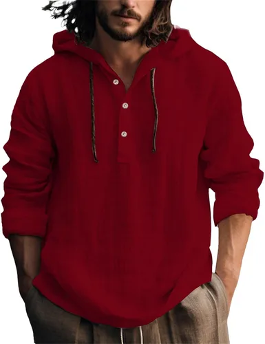 Vista 22 de Camisas de lino para hombre, ligeras, con botones, de manga larga, con capucha, ajuste regular, de algodón, para la playa