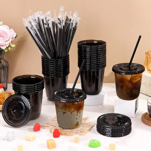 Vista 3 de tchrules Juego de 100 vasos de plástico negro de 12 onzas con tapas y pajitas, taza de café helado desechable con tapa, parte inferior redonda
