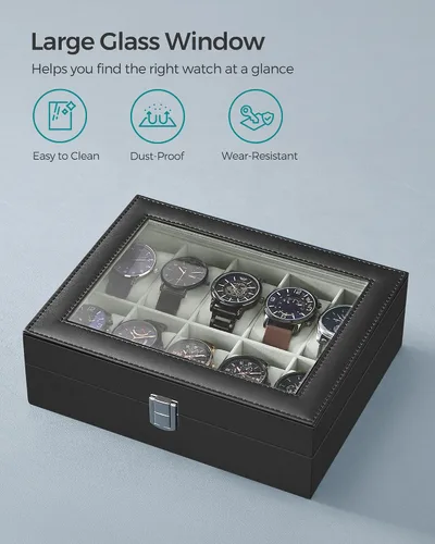 Vista 4 de SONGMICS Caja de reloj, caja de reloj de 10 ranuras con tapa de vidrio grande, almohadas extraíbles para reloj, organizador de caja de reloj, regalo
