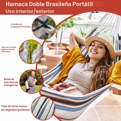 Vista 3 de JoyView Hamaca brasileña para una sola persona, hamaca portátil con cuerdas para colgar y bolsa de transporte, grande de 78.8 x 39.4 pulgadas