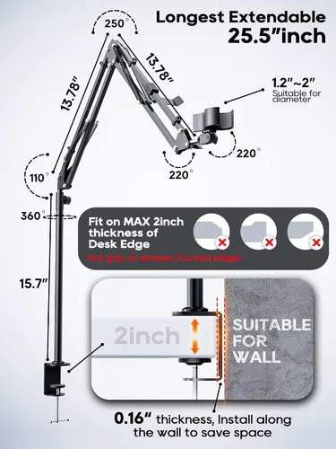 Vista 5 de CACENCAN Brazo articulado, soporte de micrófono giratorio de 360° con montaje de escritorio, brazo de micrófono de escritorio plegable con adaptador