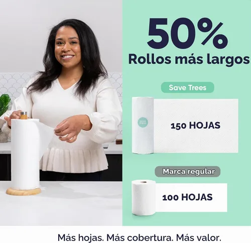 Vista 5 de Save Trees Paquete de 6 toallas de papel de bambú, 750 hojas, ultra absorbentes y duraderas, ecológicas, con certificación FSC, totalmente libres