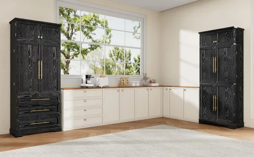 Vista 5 de 78.2" Tall Farmhouse Kitchen Pantry Cabinet with 8 Door Shelves, Storage Cabinet with 4 Adjustable Shelves, Hidden Drawer, Wine Rack, Versatile Ash